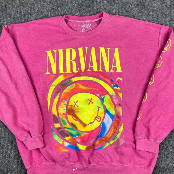 NIRVANA Tops - Nirvana Sweatshirt Womens Size S/M Pink Tie-Dye Graphic Pullover Band Crewneck